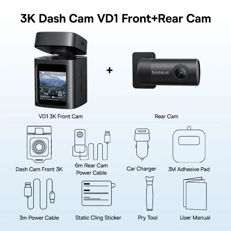 Baseus VD1 Dashcam 3K – Fram & Bak, GPS, WiFi, Parkeringsbevakning