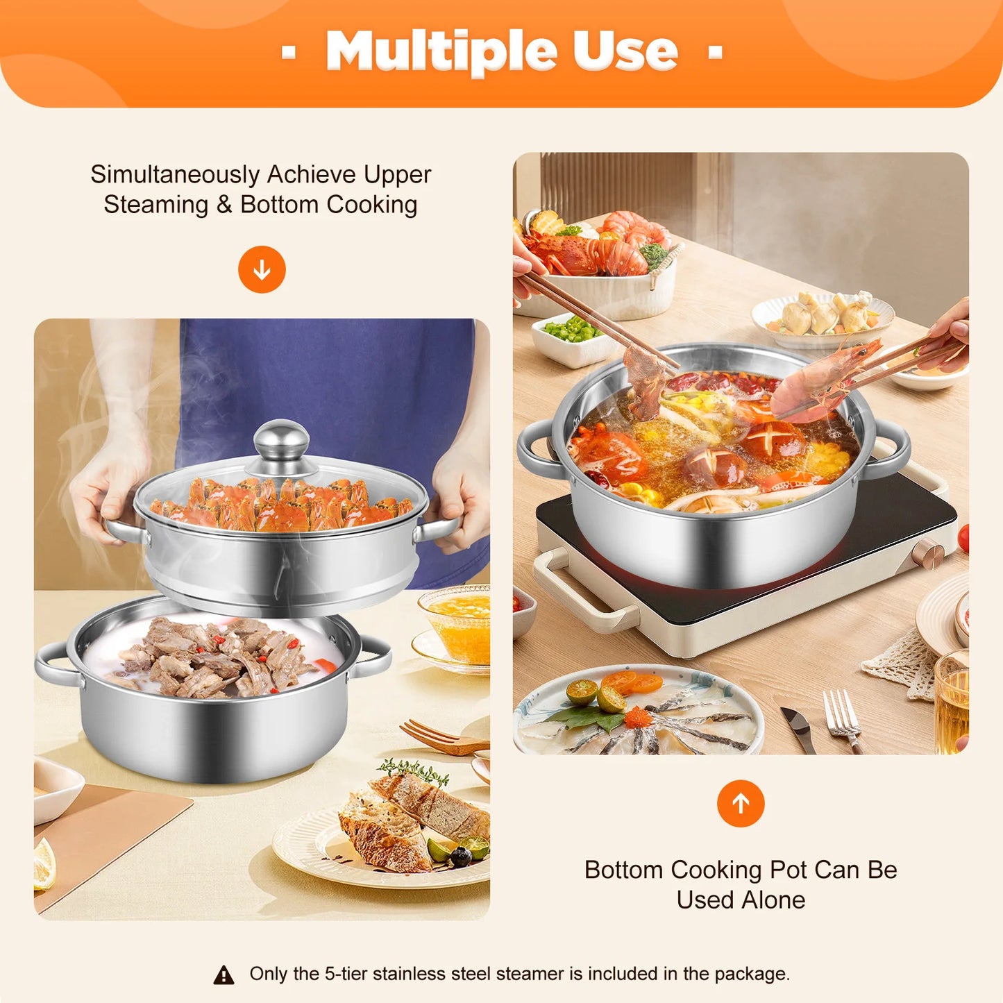 32CM Stainless Steel Steamer Pot 5-Tier Large Steaming Pot Cookware w/Lid & Handle for Vegetable, Dumpling, Stock, Sauce