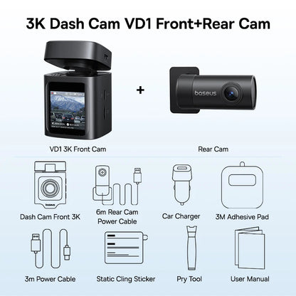 Baseus VD1 Dashcam 3K – Fram & Bak, GPS, WiFi, Parkeringsbevakning