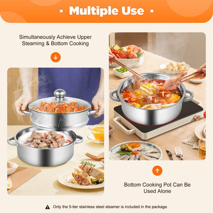32CM Stainless Steel Steamer Pot 5-Tier Large Steaming Pot Cookware w/Lid & Handle for Vegetable, Dumpling,  Stock, Sauce