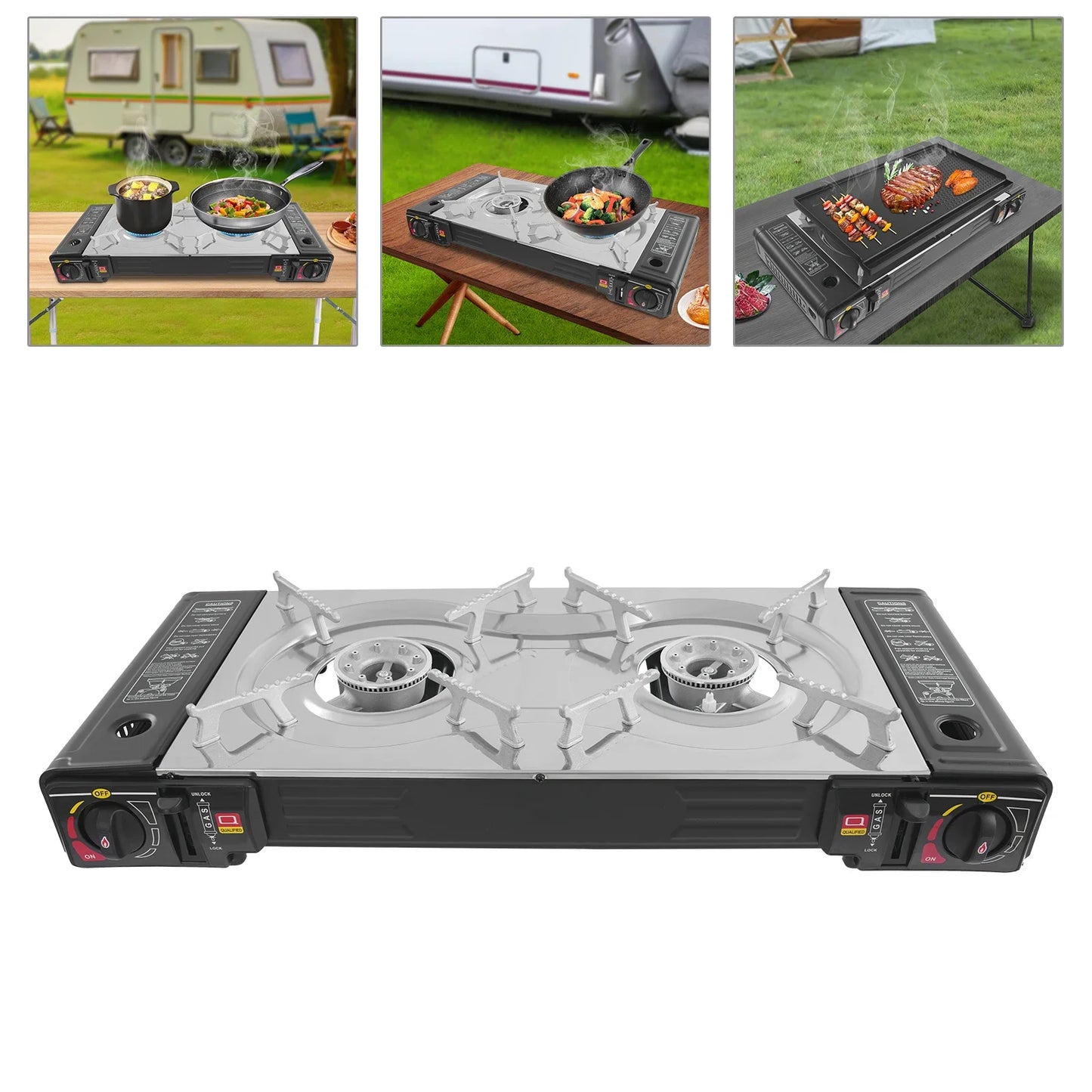 Campingkök med 2 Brännare & Grillplatta – Portabelt Butangaskök