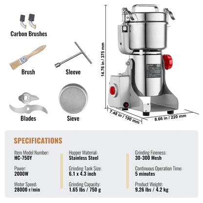 SucceBuy 150-2500g Electric Grain Mill Grinder Commercial Swing Spice Grinders for Dry Herbs Grains Spices Cereals Coffee Corn