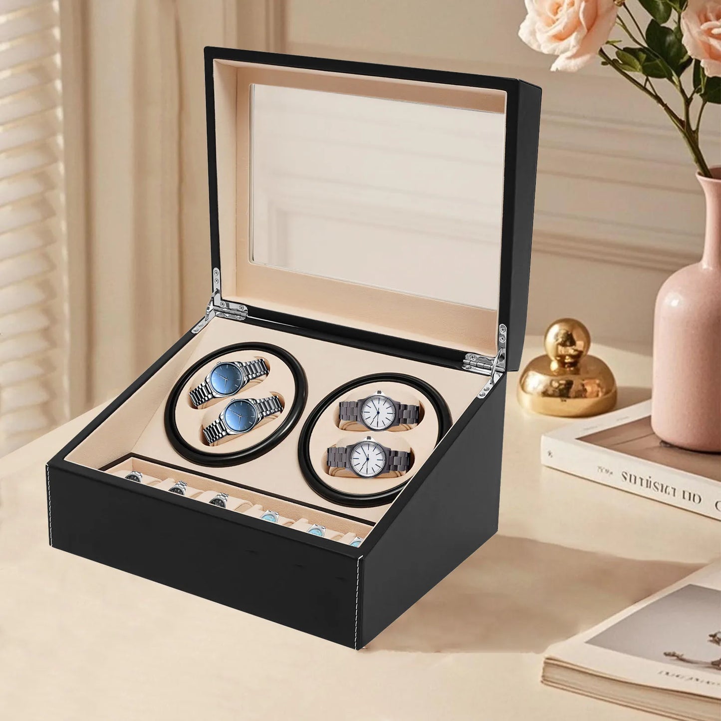 4+6 Automatic Watch Winder Display Box PU Leather Watches Shaker Watch Jewelry Storage Box Watch Case, Black/Brown