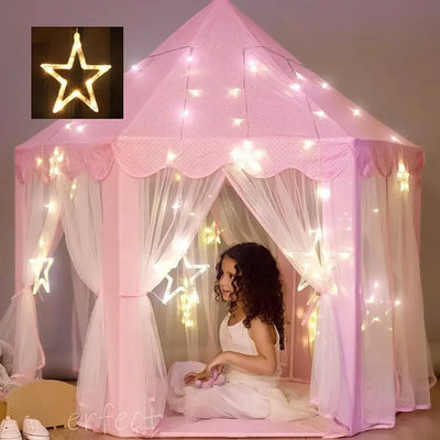 Tipi Lektält Prinsess – Rosa & Lila med Tillval: Ljusslinga, Flaggor & Ljusbollar