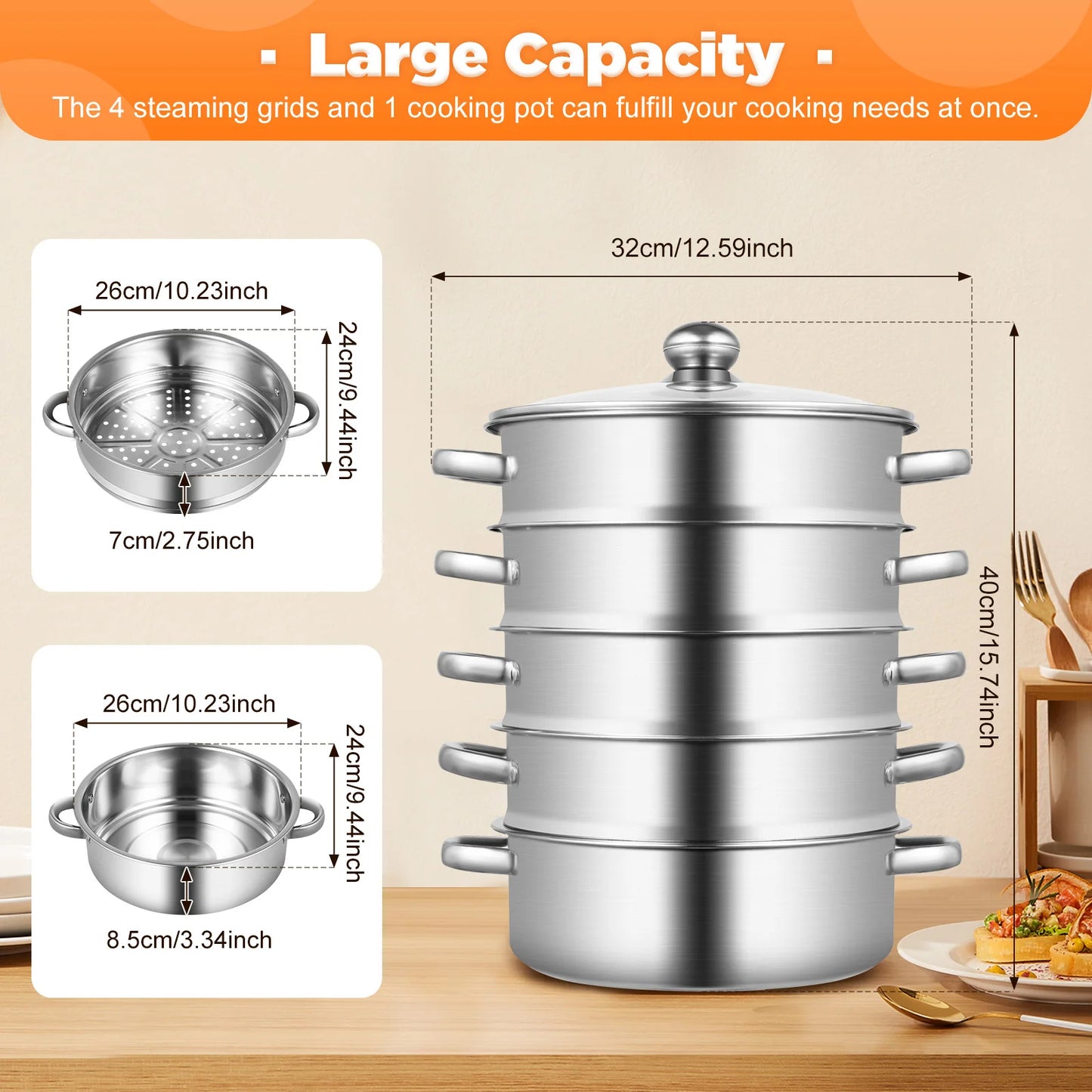 32CM Stainless Steel Steamer Pot 5-Tier Large Steaming Pot Cookware w/Lid & Handle for Vegetable, Dumpling,  Stock, Sauce