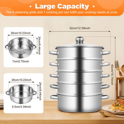 32CM Stainless Steel Steamer Pot 5-Tier Large Steaming Pot Cookware w/Lid & Handle for Vegetable, Dumpling,  Stock, Sauce