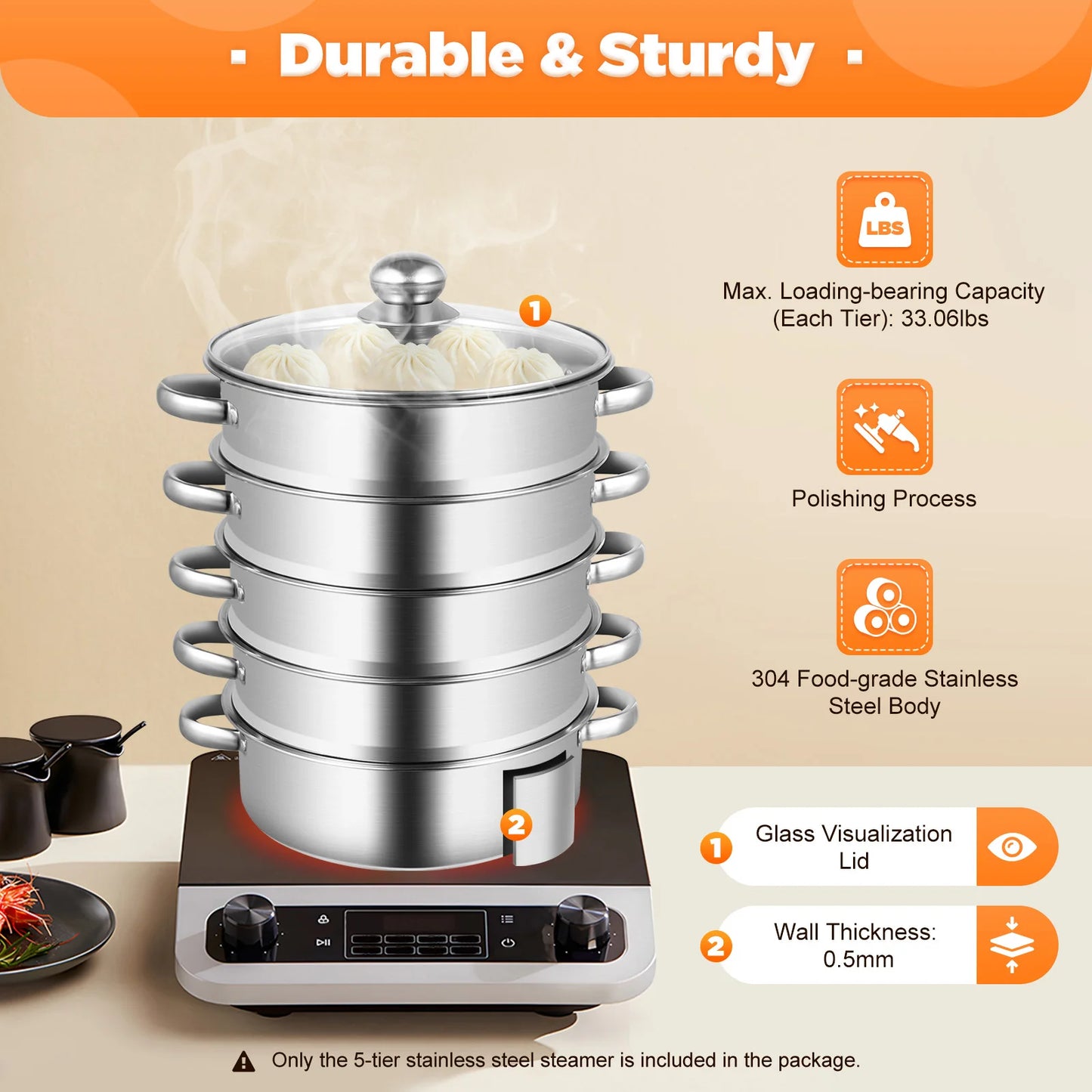32CM Stainless Steel Steamer Pot 5-Tier Large Steaming Pot Cookware w/Lid & Handle for Vegetable, Dumpling,  Stock, Sauce