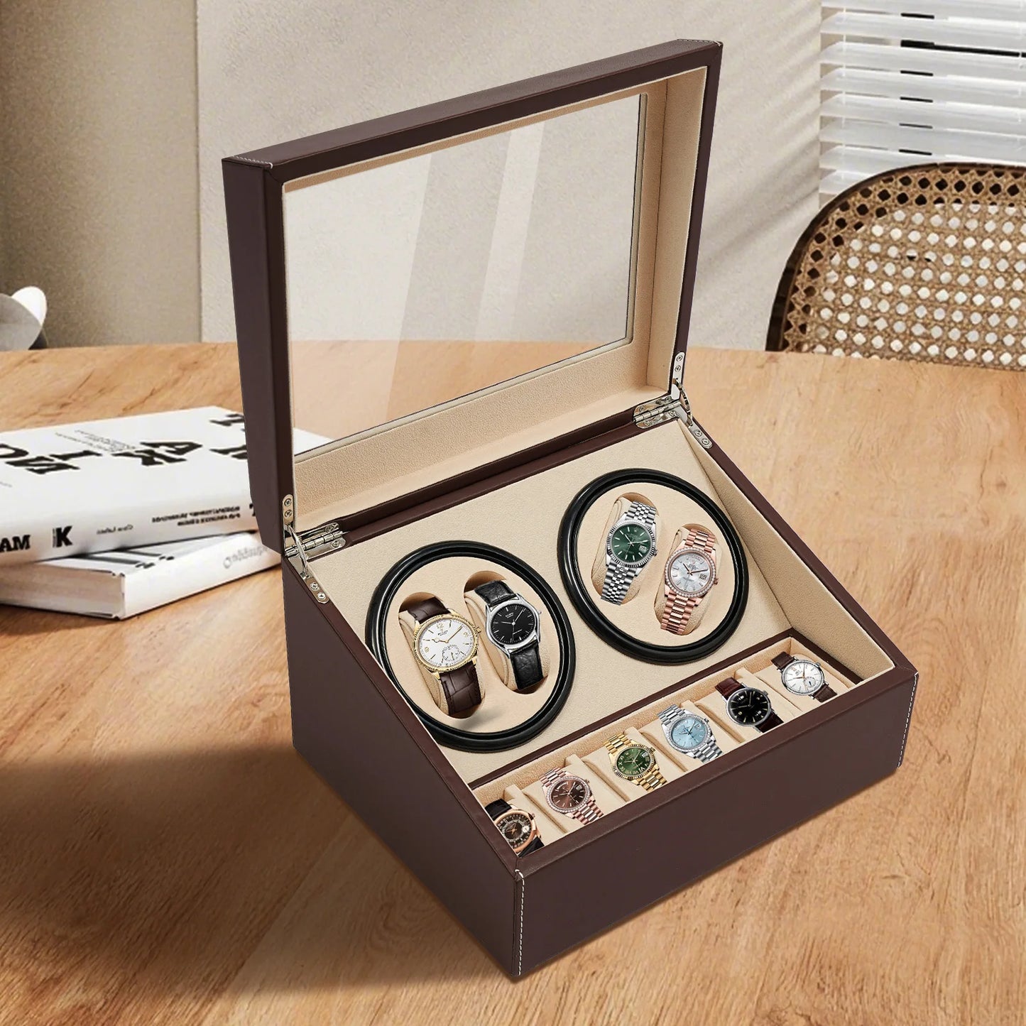 4+6 Automatic Watch Winder Display Box PU Leather Watches Shaker Watch Jewelry Storage Box Watch Case, Black/Brown