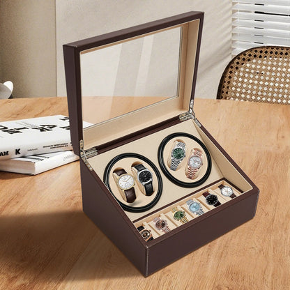 4+6 Automatic Watch Winder Display Box PU Leather Watches Shaker Watch Jewelry Storage Box Watch Case, Black/Brown