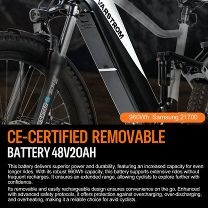 [EU Direct ] Varstrom Electric Mountain Bike Ebike Off-Road 960Wh Battery 750W Mid Motor Cycling Cycling Mens Trekking MTB