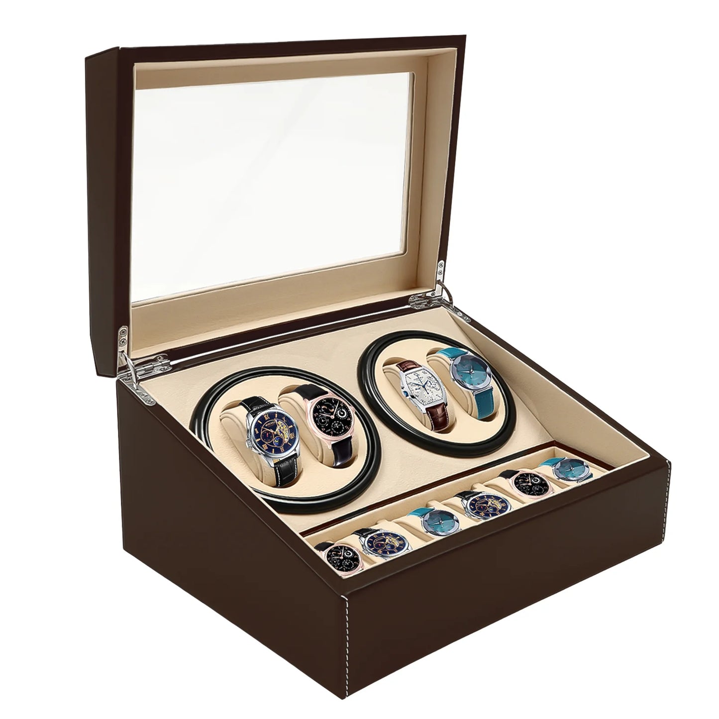 4+6 Automatic Watch Winder Display Box PU Leather Watches Shaker Watch Jewelry Storage Box Watch Case, Black/Brown