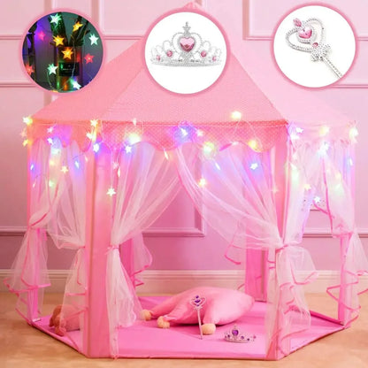 Tipi Lektält Prinsess – Rosa & Lila med Tillval: Ljusslinga, Flaggor & Ljusbollar