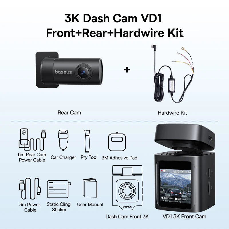 Baseus VD1 Dashcam 3K – Fram & Bak, GPS, WiFi, Parkeringsbevakning