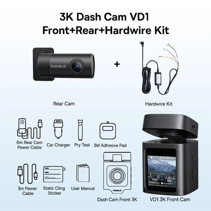 Baseus VD1 Dashcam 3K – Fram & Bak, GPS, WiFi, Parkeringsbevakning