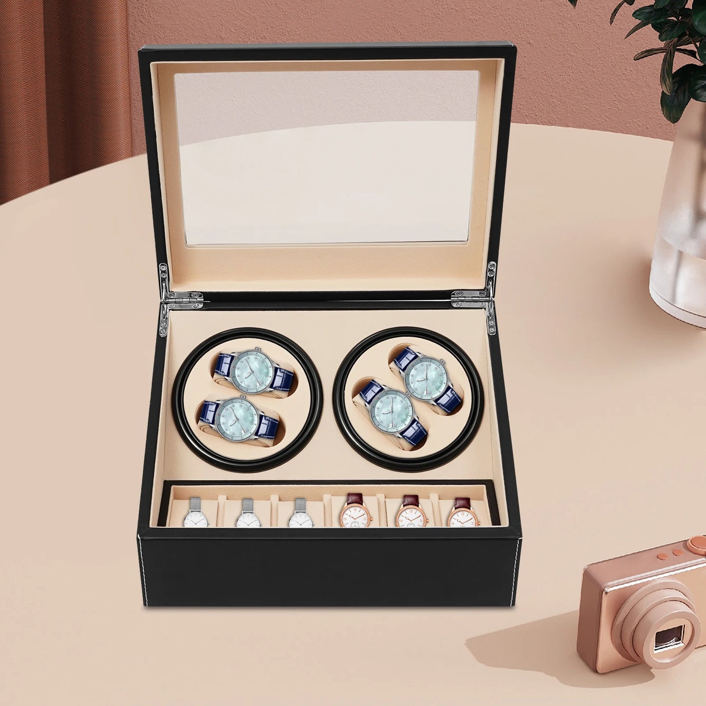 4+6 Automatic Watch Winder Display Box PU Leather Watches Shaker Watch Jewelry Storage Box Watch Case, Black/Brown