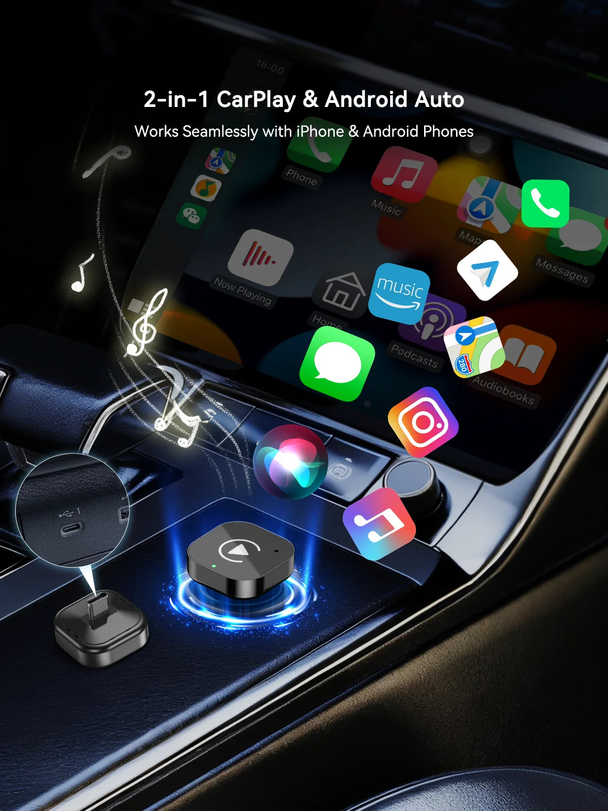 USB-C CarPlay Dongle 2-i-1 – Trådlös CarPlay & Android Auto