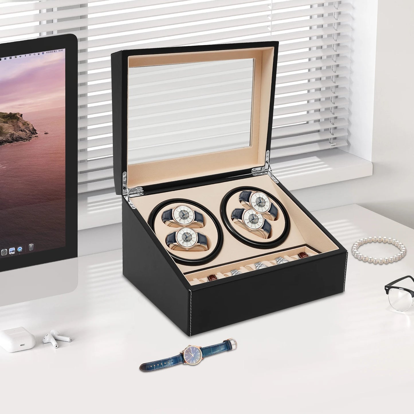 4+6 Automatic Watch Winder Display Box PU Leather Watches Shaker Watch Jewelry Storage Box Watch Case, Black/Brown