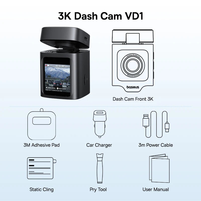 Baseus VD1 Dashcam 3K – Fram & Bak, GPS, WiFi, Parkeringsbevakning