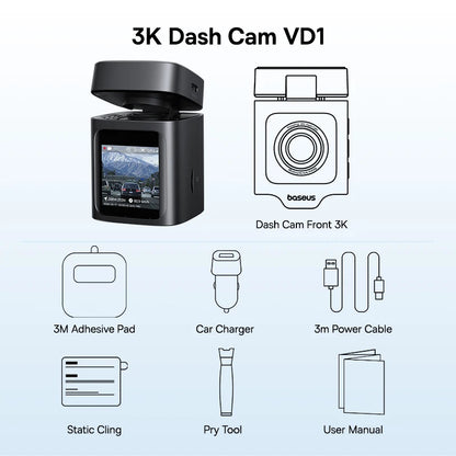 Baseus VD1 Dashcam 3K – Fram & Bak, GPS, WiFi, Parkeringsbevakning