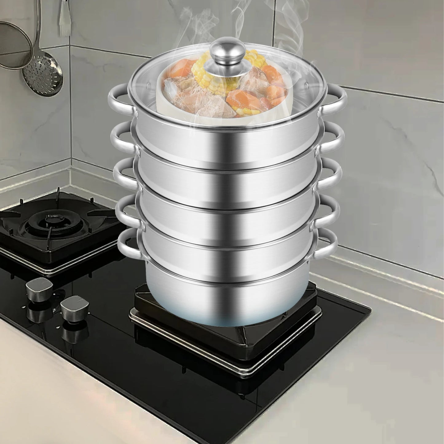 32CM Stainless Steel Steamer Pot 5-Tier Large Steaming Pot Cookware w/Lid & Handle for Vegetable, Dumpling,  Stock, Sauce