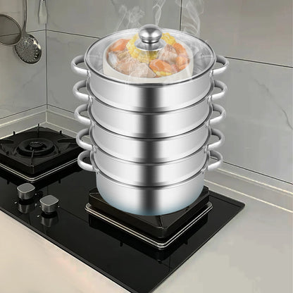 32CM Stainless Steel Steamer Pot 5-Tier Large Steaming Pot Cookware w/Lid & Handle for Vegetable, Dumpling,  Stock, Sauce