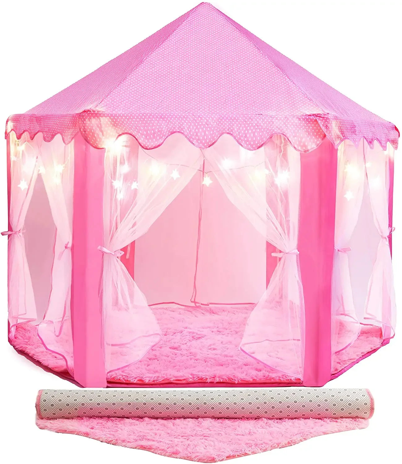 Tipi Lektält Prinsess – Rosa & Lila med Tillval: Ljusslinga, Flaggor & Ljusbollar