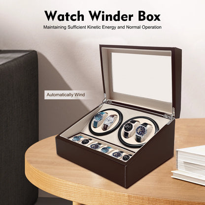 4+6 Automatic Watch Winder Display Box PU Leather Watches Shaker Watch Jewelry Storage Box Watch Case, Black/Brown