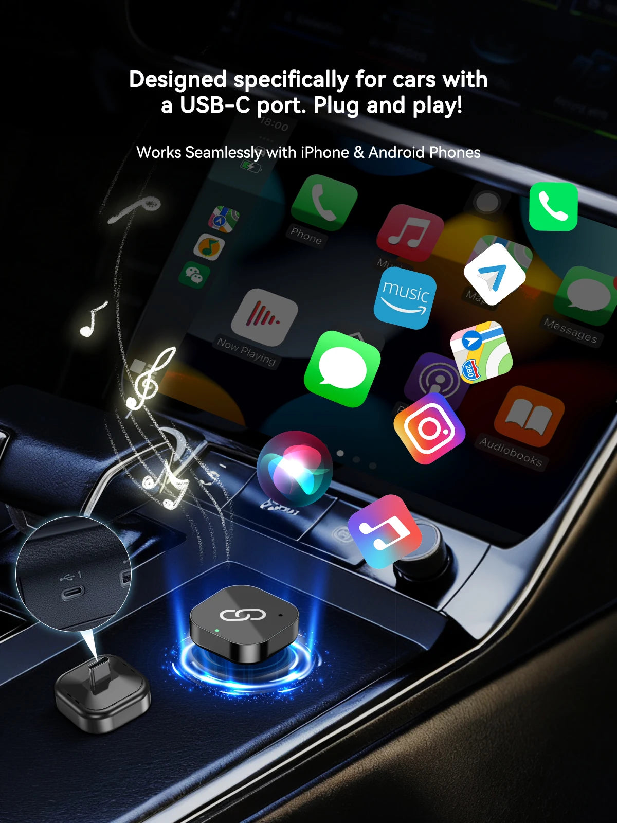 Spedal 2025 Latest Wireless CarPlay Apapter USB CarPlay & Android Auto,Type-C Port,Converts Wired to Wireless,Plug & Play,Auto-C