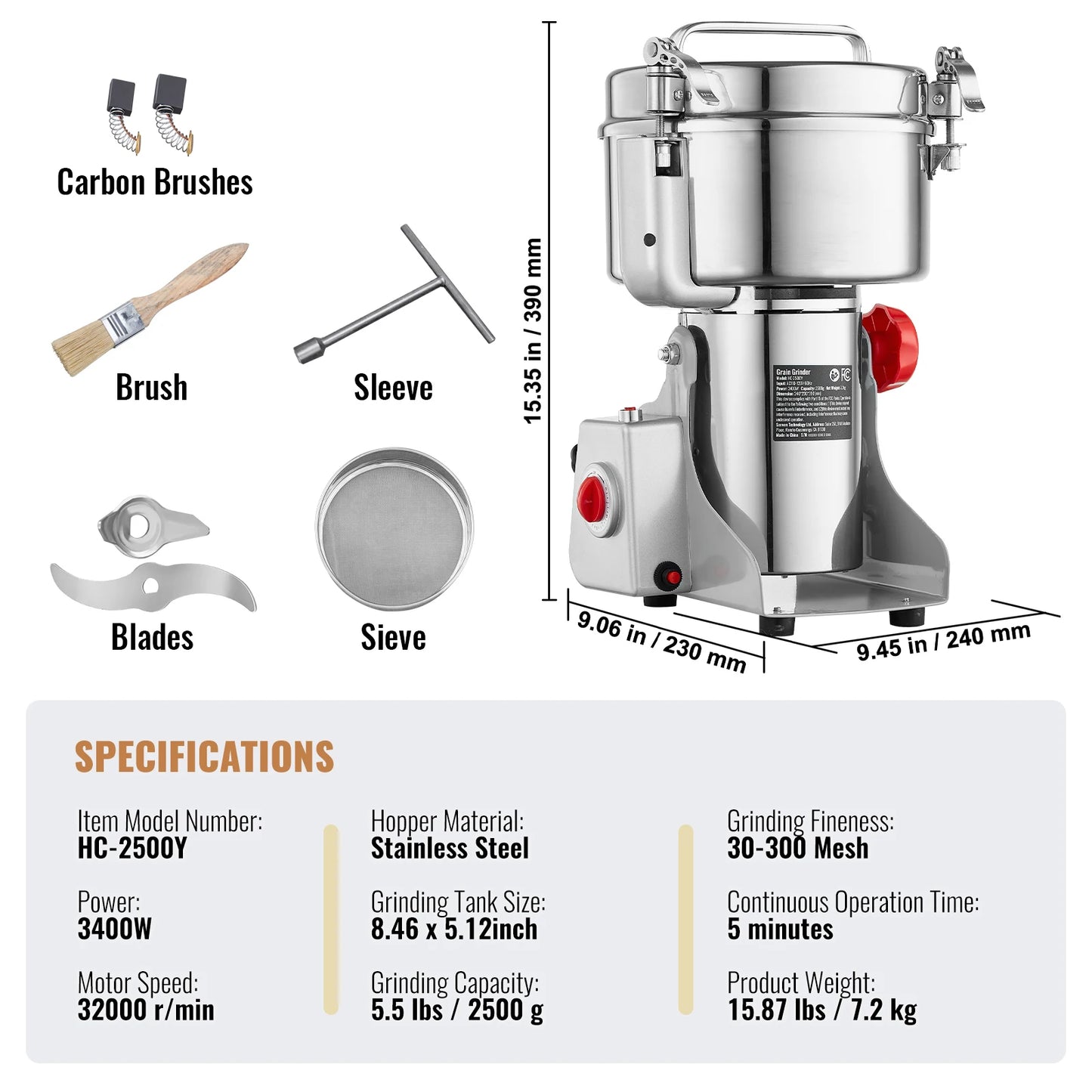 SucceBuy 150-2500g Electric Grain Mill Grinder Commercial Swing Spice Grinders for Dry Herbs Grains Spices Cereals Coffee Corn