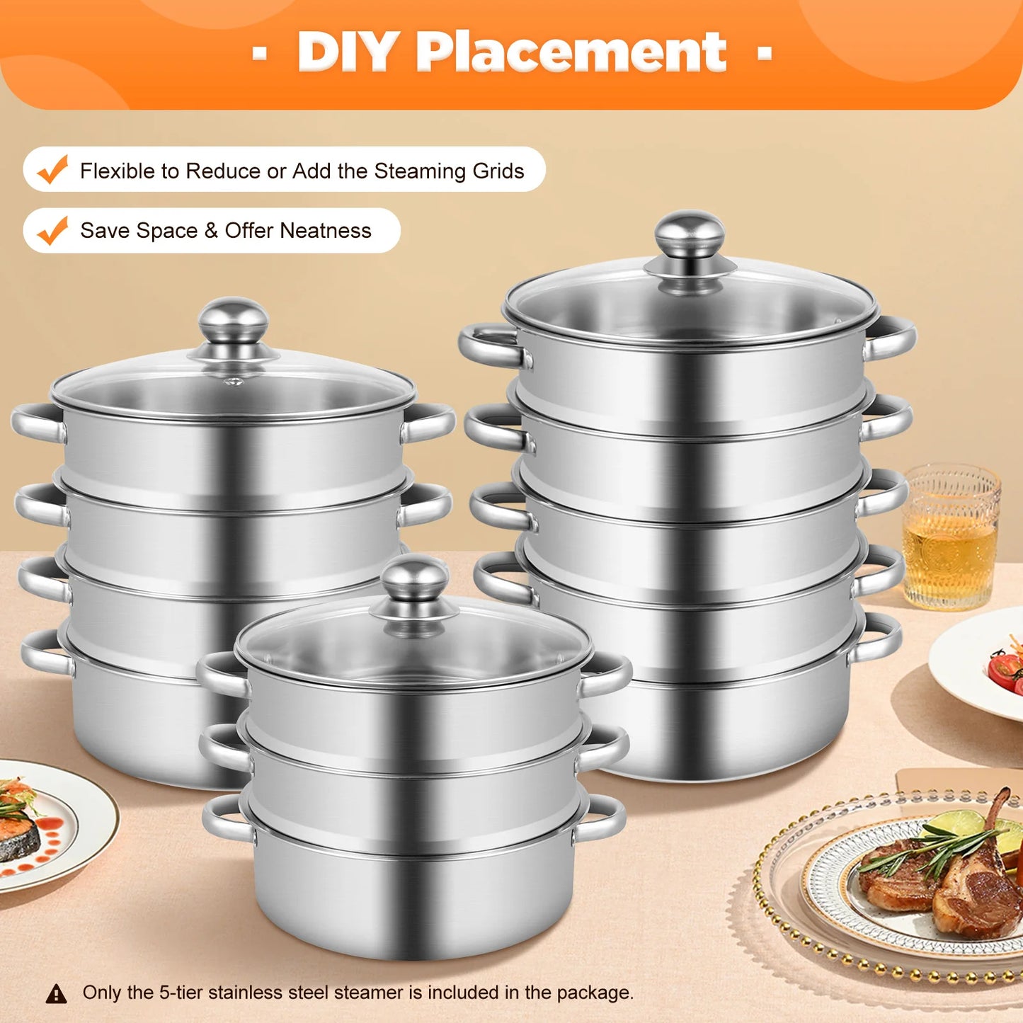 32CM Stainless Steel Steamer Pot 5-Tier Large Steaming Pot Cookware w/Lid & Handle for Vegetable, Dumpling,  Stock, Sauce